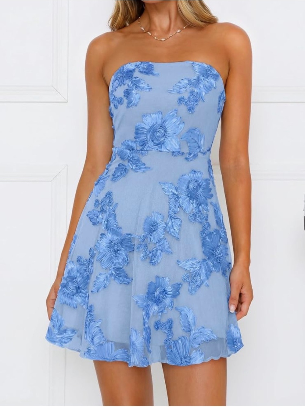 Blue 3D Floral Strapless Mini Dress | A-Line Mesh Tube Party Dress